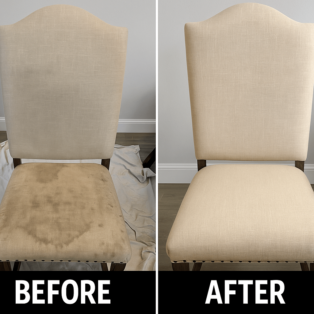 The effectiveness of upholstery cleaning, showing a chair before and after