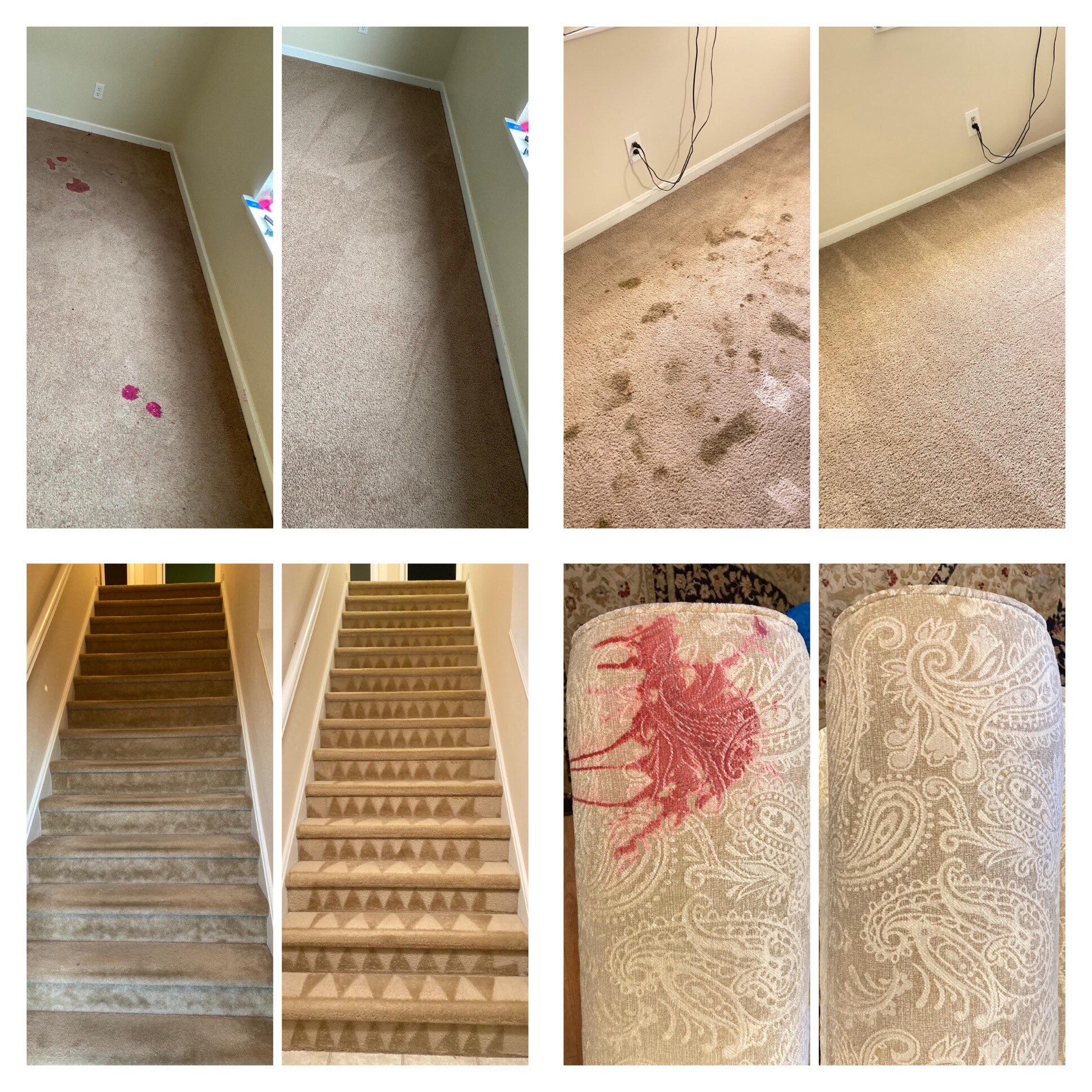 Displays before and after comparisons of professional carpet and upholstery cleaning services